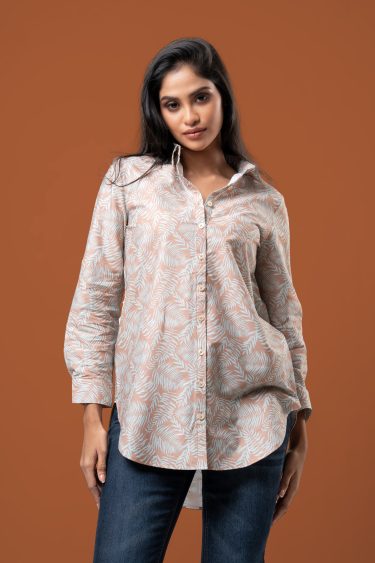 Leaf Patterned High-Low Hem Shirt Blouse