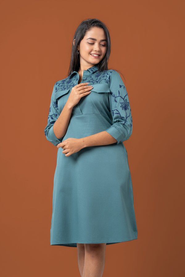 Flap Detail Embroidered Short Shirt Dress - Image 3