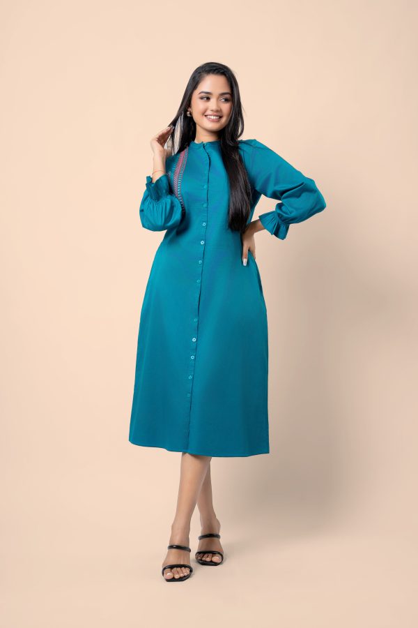 Embroidered Long Puff Sleeve Midi Shirt Dress - Image 3