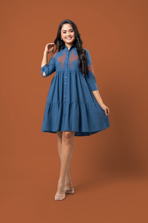 Embroidery Detail Button-Down Tiered Short Dress - Image 5