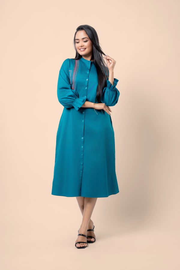 Embroidered Long Puff Sleeve Midi Shirt Dress - Image 4