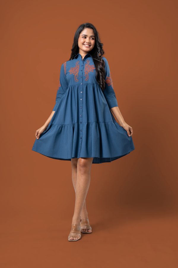 Embroidery Detail Button-Down Tiered Short Dress - Image 4