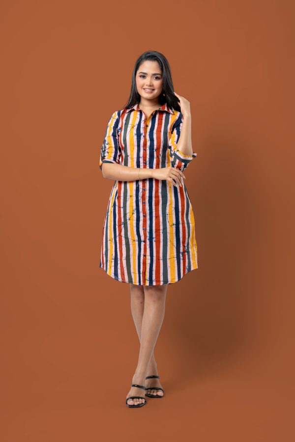 Stripe Patterned Batik Short Shirt Dress - Image 6