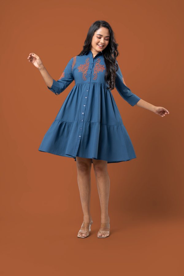 Embroidery Detail Button-Down Tiered Short Dress - Image 6