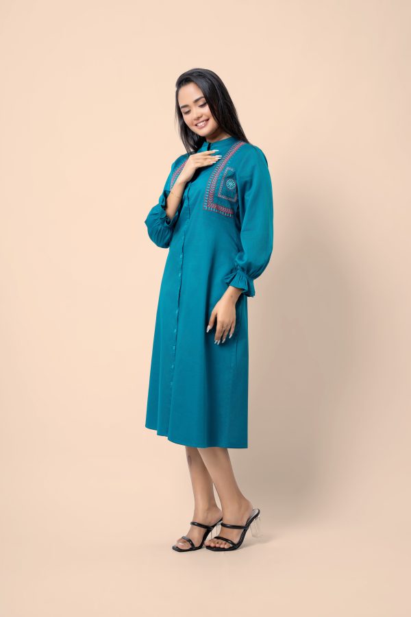 Embroidered Long Puff Sleeve Midi Shirt Dress - Image 6