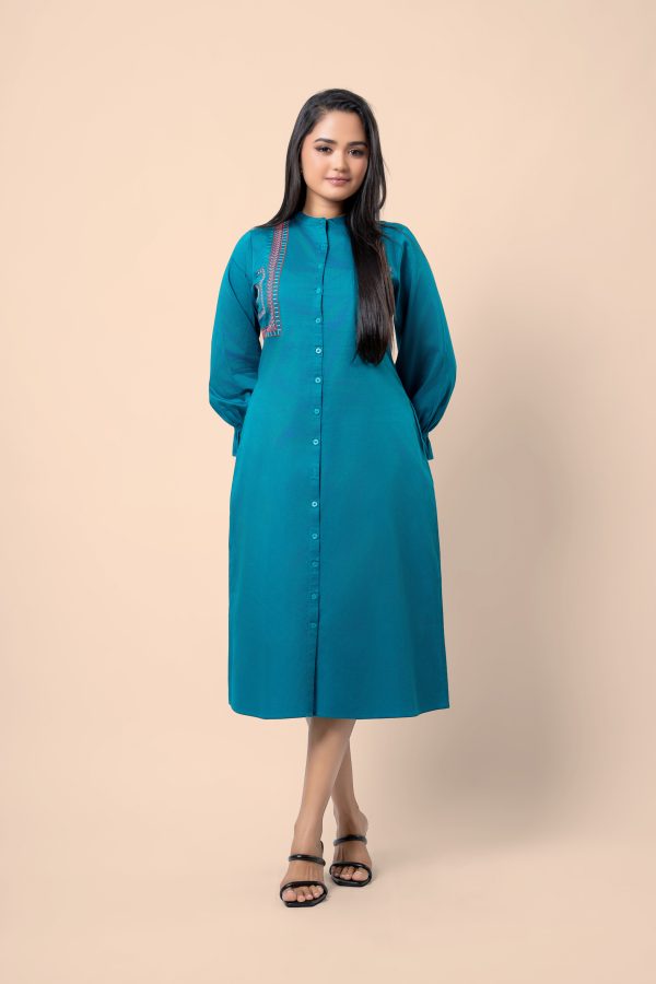 Embroidered Long Puff Sleeve Midi Shirt Dress - Image 5