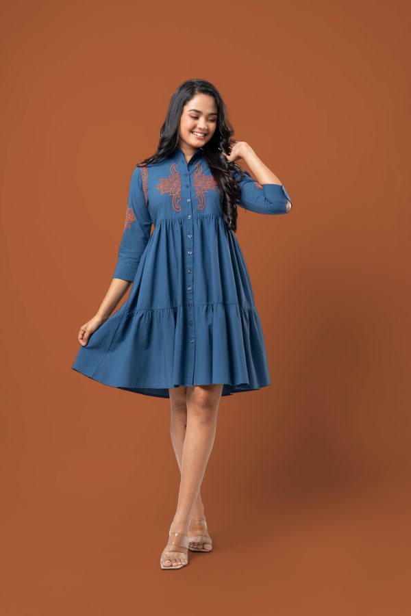 Embroidery Detail Button-Down Tiered Short Dress - Image 3