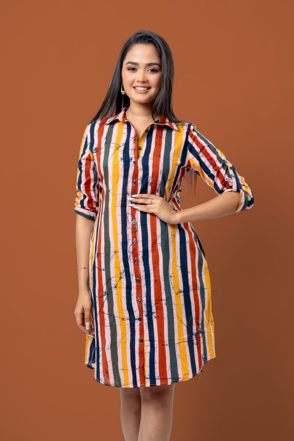 Stripe Patterned Batik Short Shirt Dress - Image 3