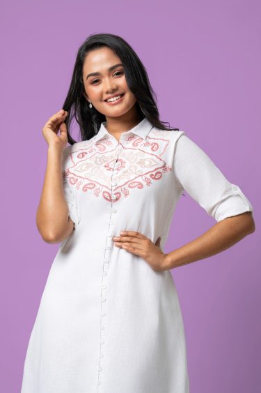 Paisley Pattern Embroidered Button-Down Midi Dress