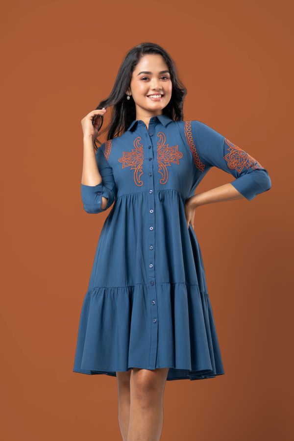 Embroidery Detail Button-Down Tiered Short Dress - Image 2