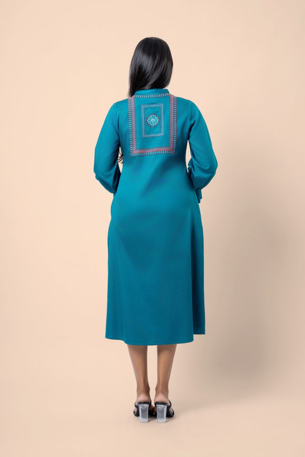 Embroidered Long Puff Sleeve Midi Shirt Dress - Image 7