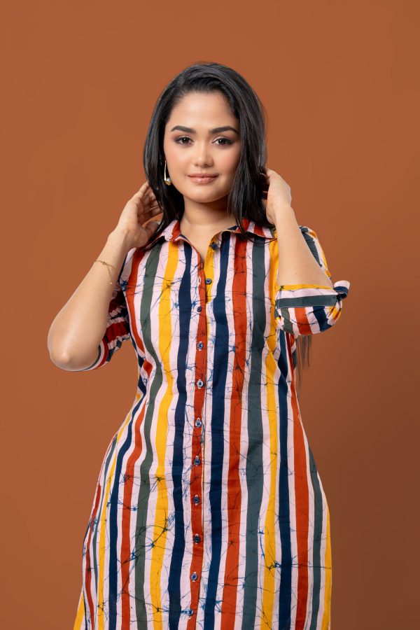 Stripe Patterned Batik Short Shirt Dress - Image 4