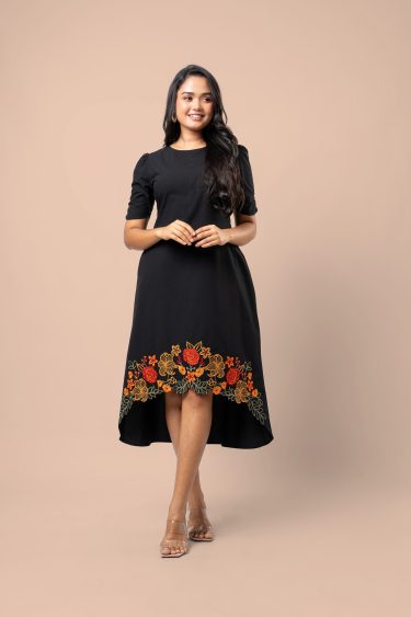 Floral Cut Embroidery Detail High-Low Hem Midi Dress