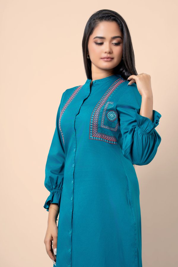 Embroidered Long Puff Sleeve Midi Shirt Dress - Image 2