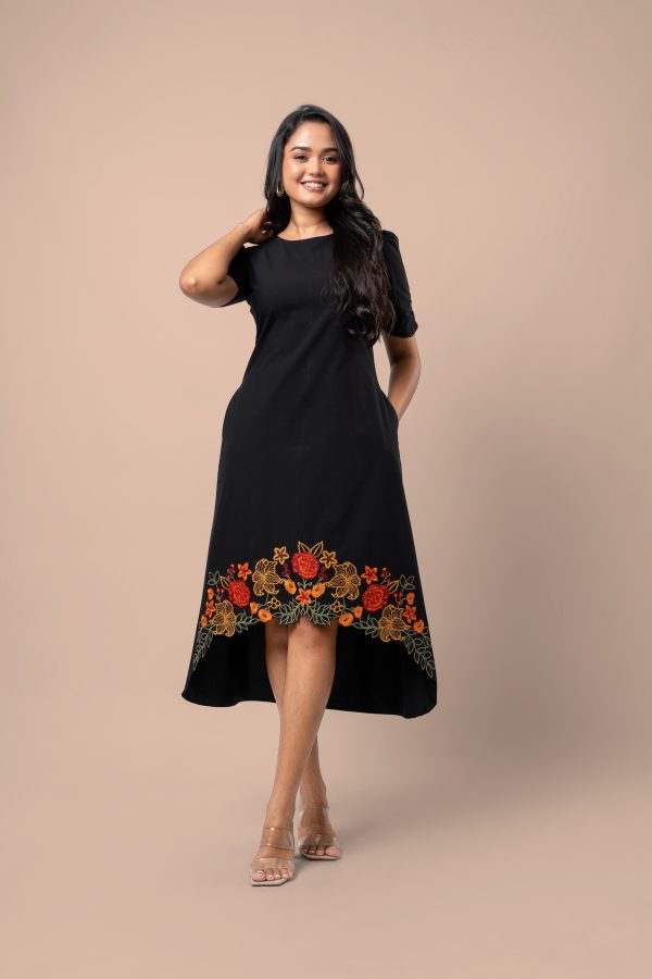 Floral Cut Embroidery Detail High-Low Hem Midi Dress - Image 2