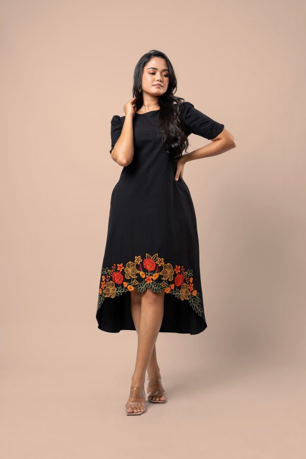 Floral Cut Embroidery Detail High-Low Hem Midi Dress - Image 3