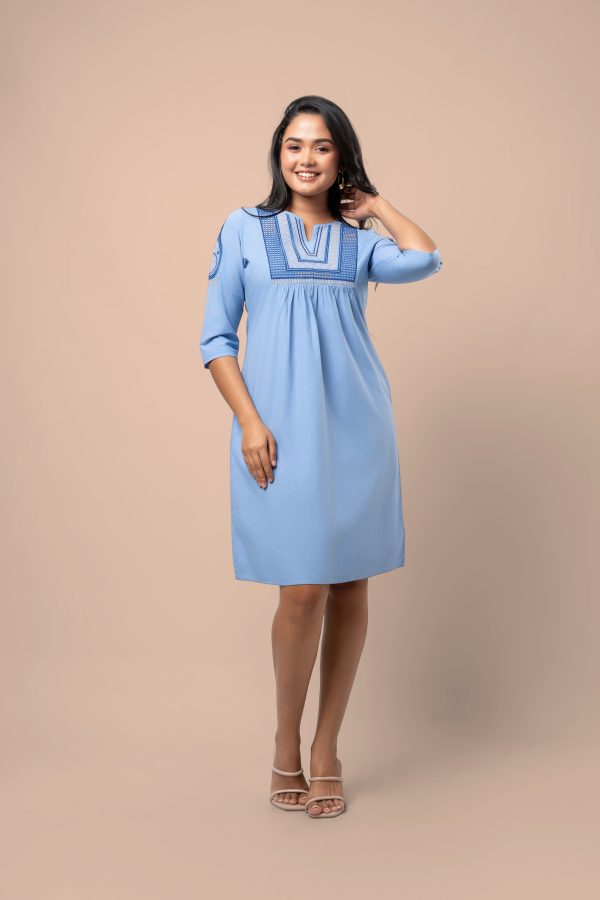 Embroidered Gather Detail Short Dress - Image 6