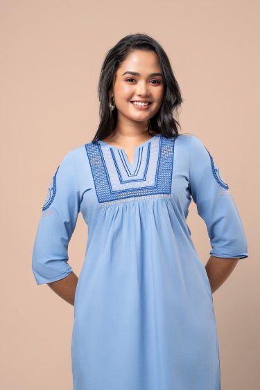 Embroidered Gather Detail Short Dress