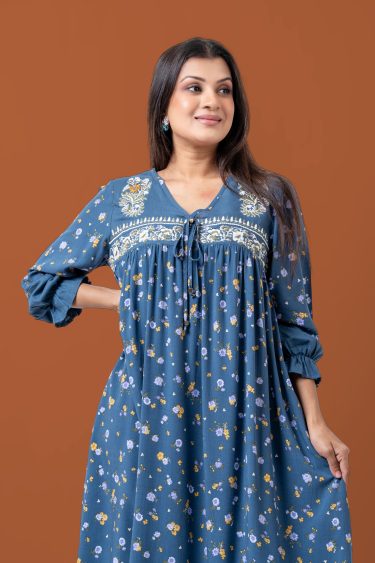 Embroidered Front Gather Detail Short Dress