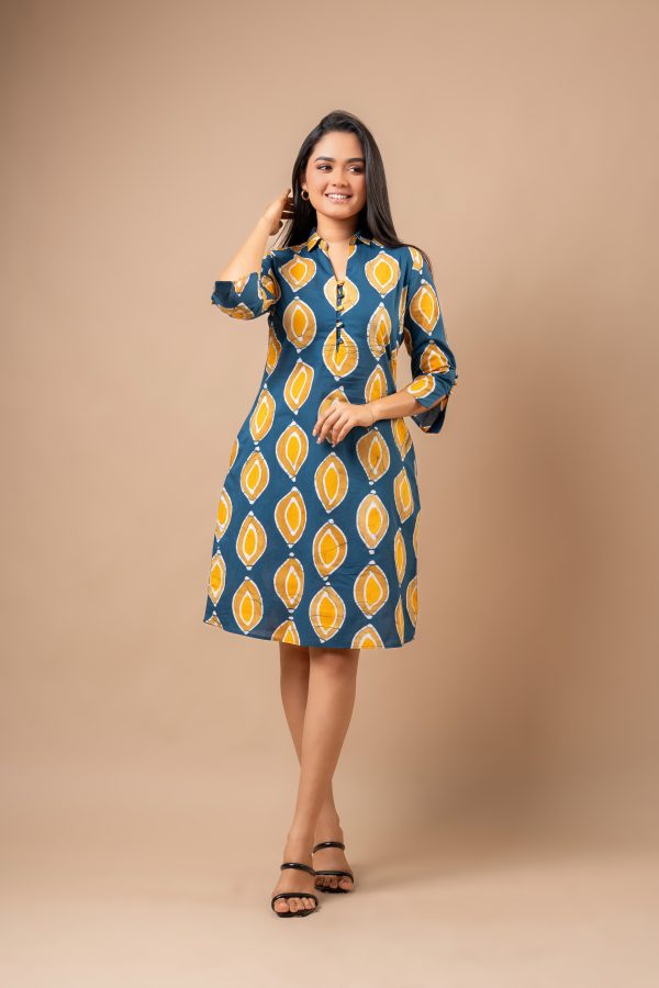 Sleeve Button Detail Patterned Batik Short Dress - Image 3