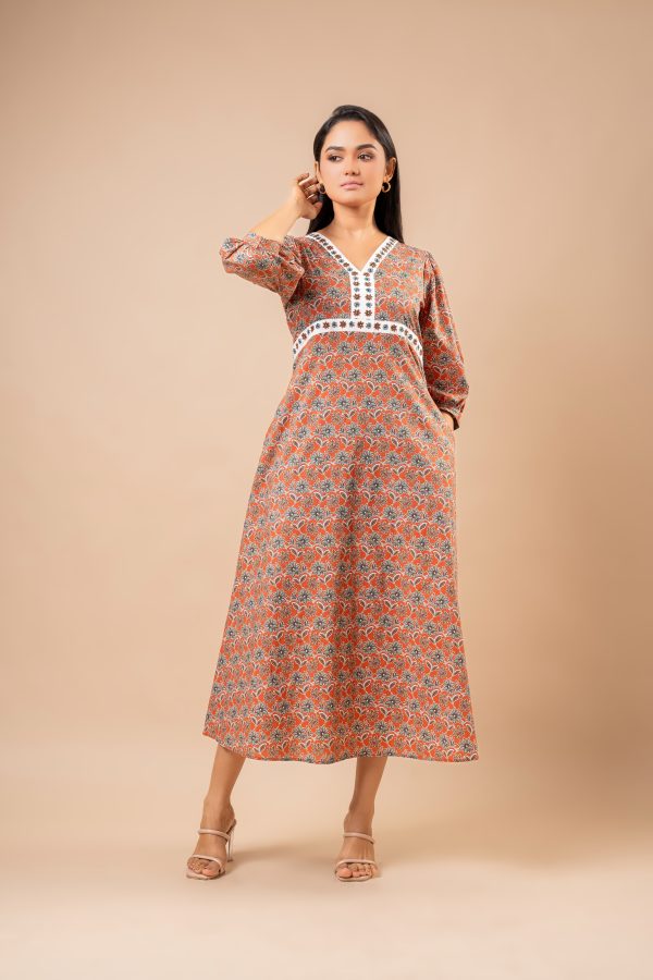 Contrast Embroidery Detail Floral Puff Sleeve Midi Dress - Image 3