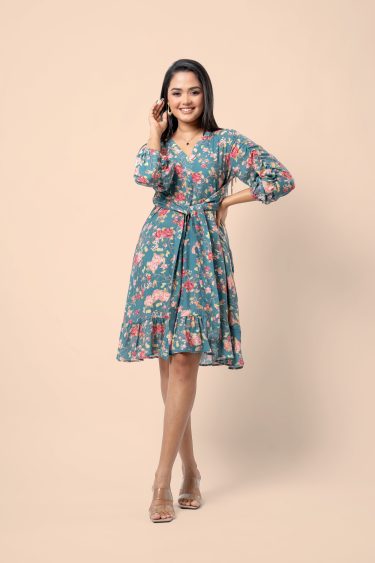 Floral Patterned Ruched Sleeve Short Dress