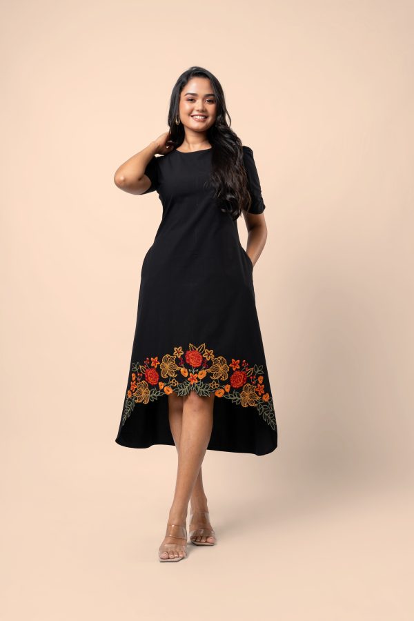 Floral Cut Embroidery Detail High-Low Hem Midi Dress - Image 3