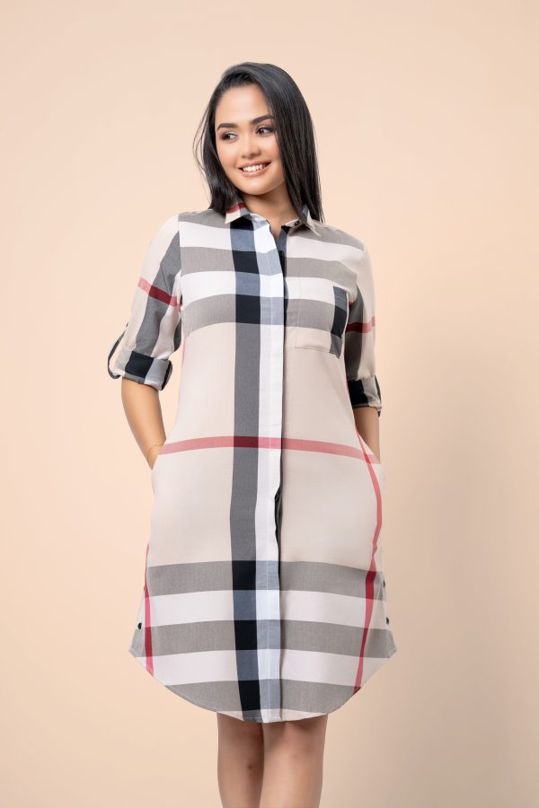 Check Fabric Short Shirt Dress - Image 2