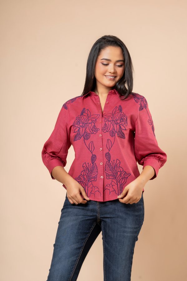 Floral Embroidery Detail Button-Down Blouse - Image 2