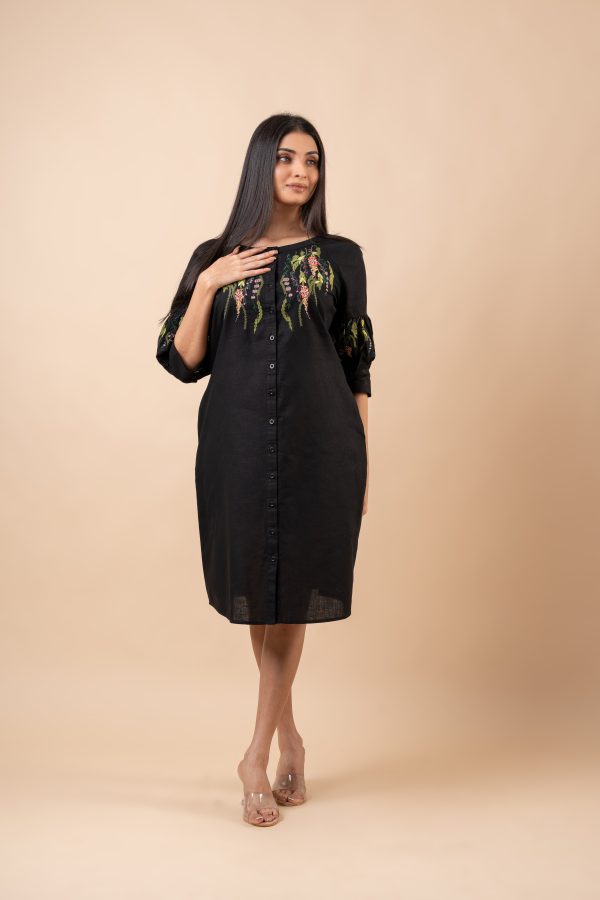 Floral Embroidery Detail Button-Down Short Dress - Image 4