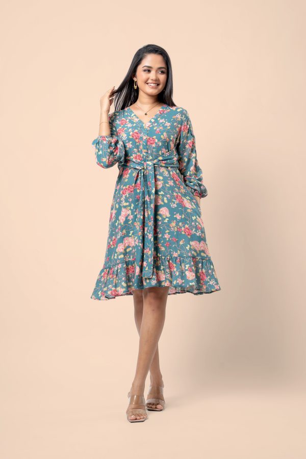 Floral Patterned Ruched Sleeve Short Dress - Image 2