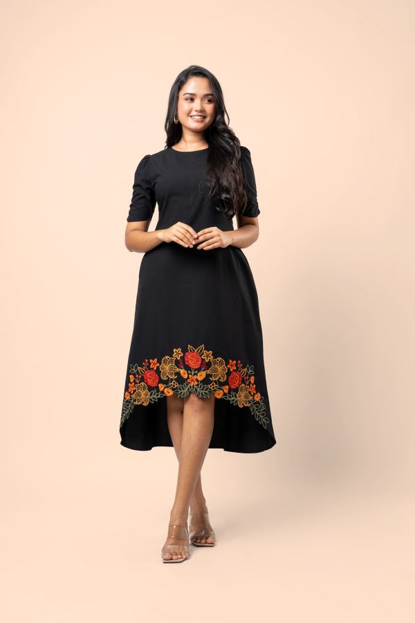 Floral Cut Embroidery Detail High-Low Hem Midi Dress - Image 2