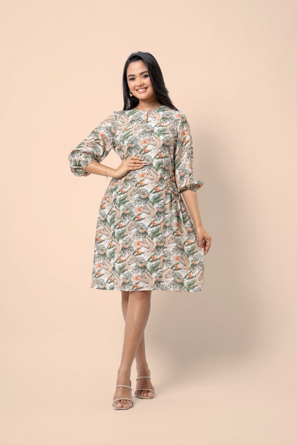Tropical Patterned Notch Neck Detail Short Dress - Image 4