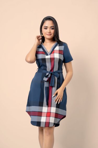Waist Tie-Up Detail V-Neck Plaid Short Dress