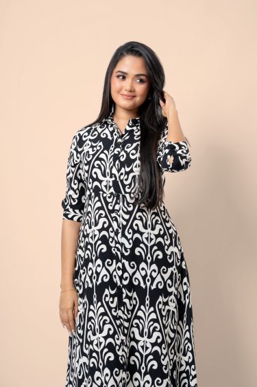 Damask Patterned Maxi Shirt Dress