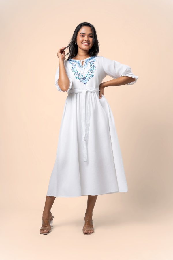Embroidered Front Tie-Up Detail Midi Dress - Image 3