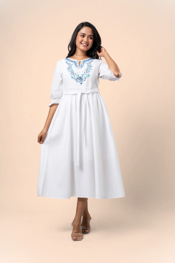 Embroidered Front Tie-Up Detail Midi Dress - Image 4
