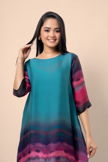Watercolour patterned Round Neck Short Dress