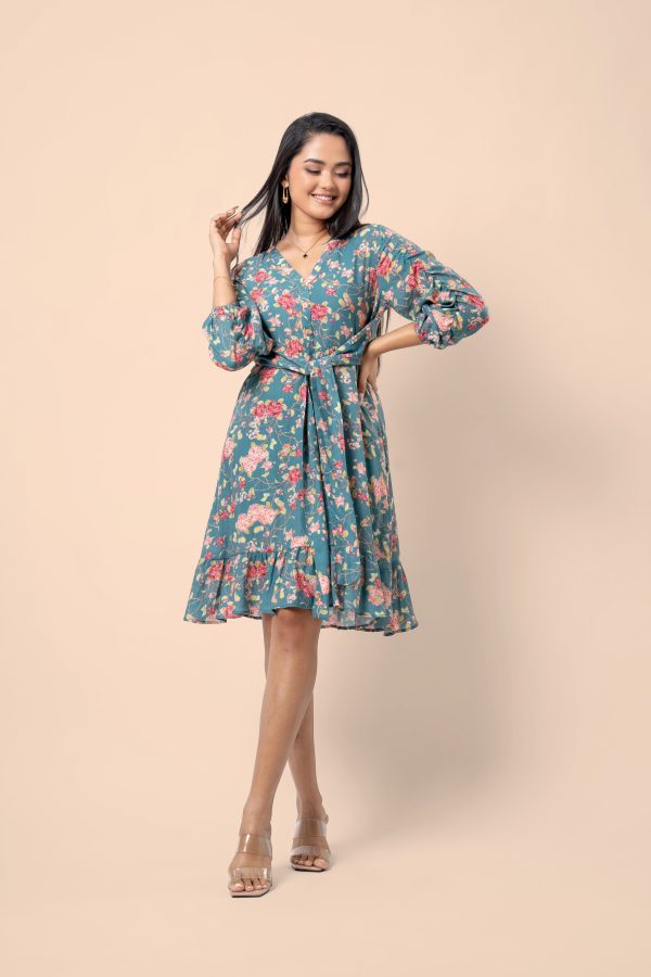 Floral Patterned Ruched Sleeve Short Dress - Image 5