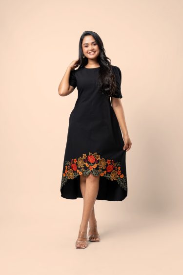 Floral Cut Embroidery Detail High-Low Hem Midi Dress