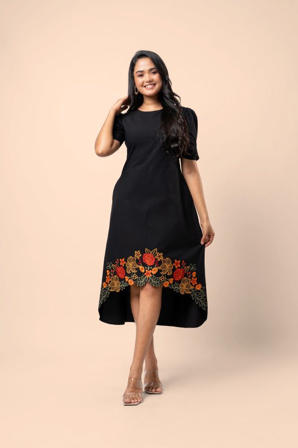 Floral Cut Embroidery Detail High-Low Hem Midi Dress