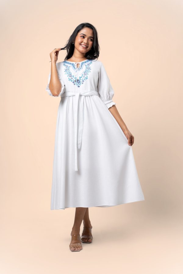 Embroidered Front Tie-Up Detail Midi Dress - Image 5