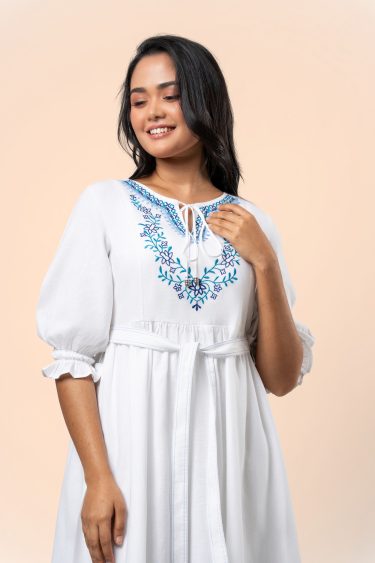 Embroidered Front Tie-Up Detail Midi Dress