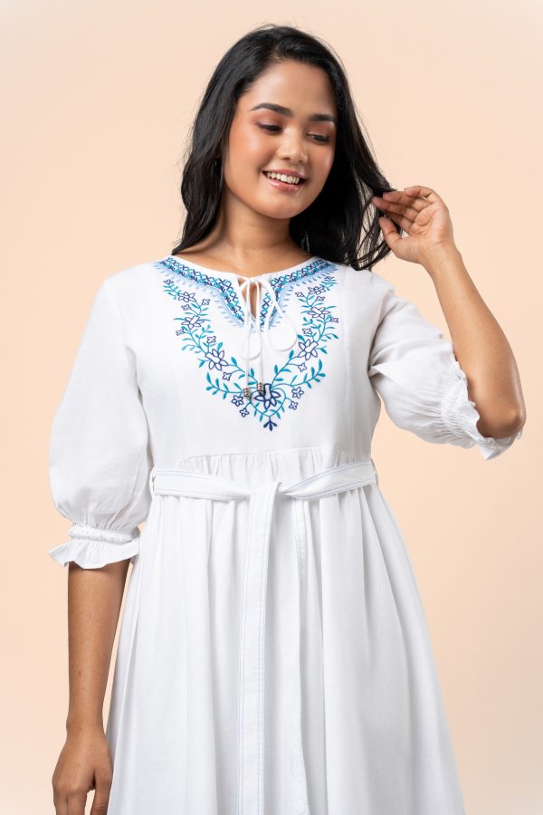 Embroidered Front Tie-Up Detail Midi Dress - Image 2