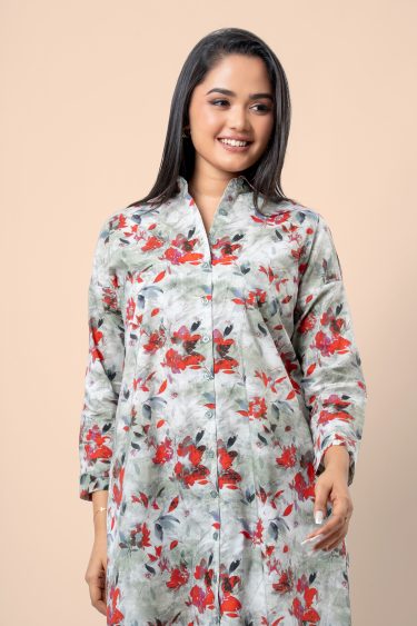 Floral Patterned Curved Hem Short Dress
