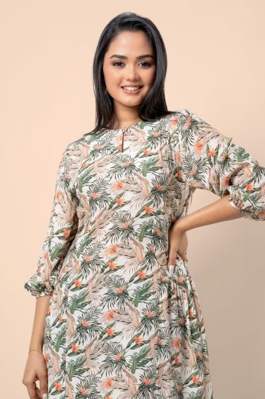 Tropical Patterned Notch Neck Detail Short Dress