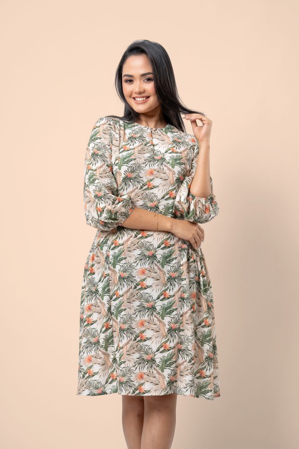 Tropical Patterned Notch Neck Detail Short Dress - Image 3