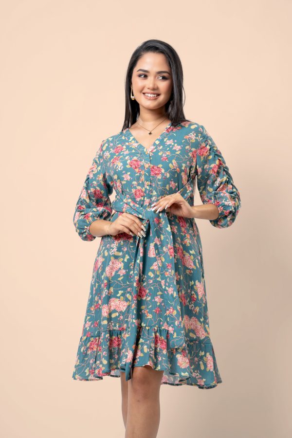 Floral Patterned Ruched Sleeve Short Dress - Image 3