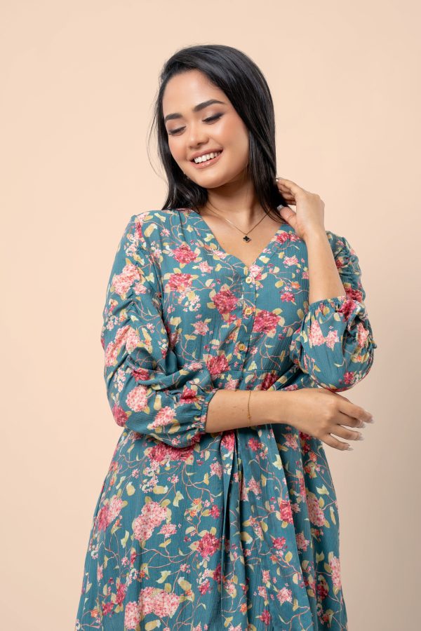 Floral Patterned Ruched Sleeve Short Dress - Image 4