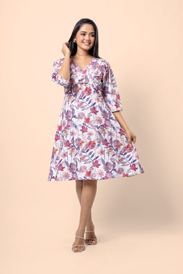 Floral Patterned Twisted Pleat Detail Short Dress - Image 3